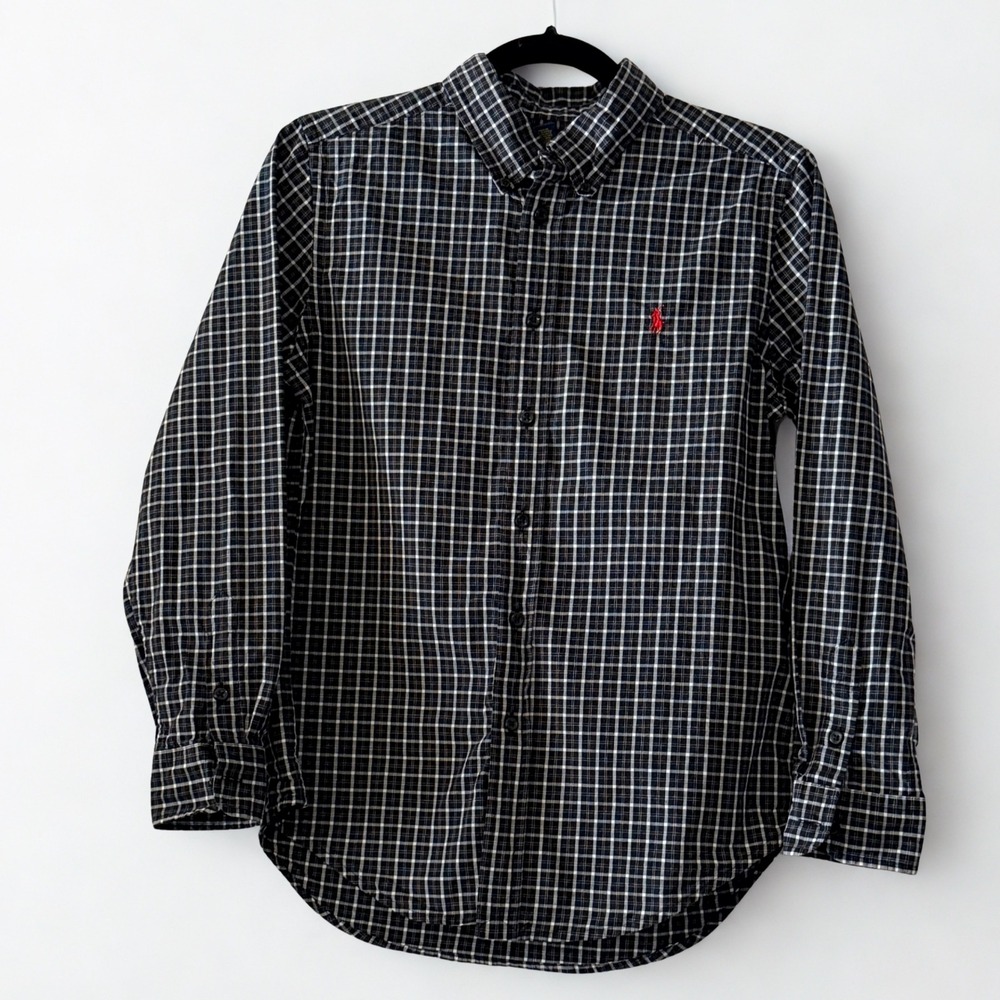 Ralph Lauren Boys Plaid Button Down Shirt Black White Size Large 14-16 L